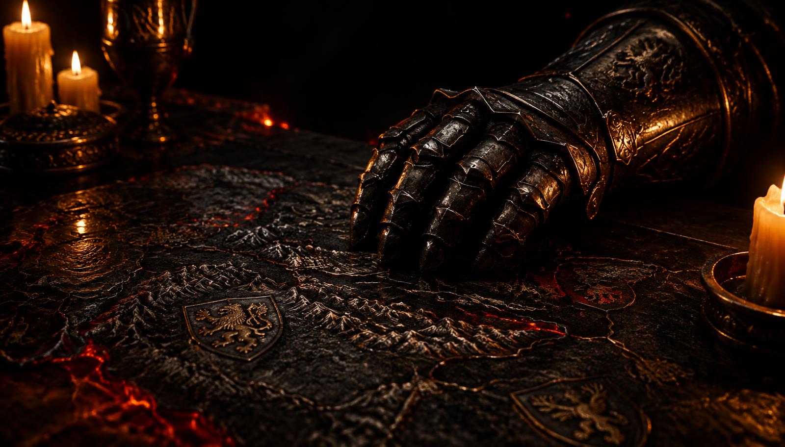 Ebonlore war map and armored gauntlet by candlelight